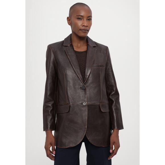 MICHAEL KORS BURNISHED 100% LEATHER CHOCOLATE BLAZER. MSRP$895. SZ4 LAPEL COLLAR - Picture 6 of 11